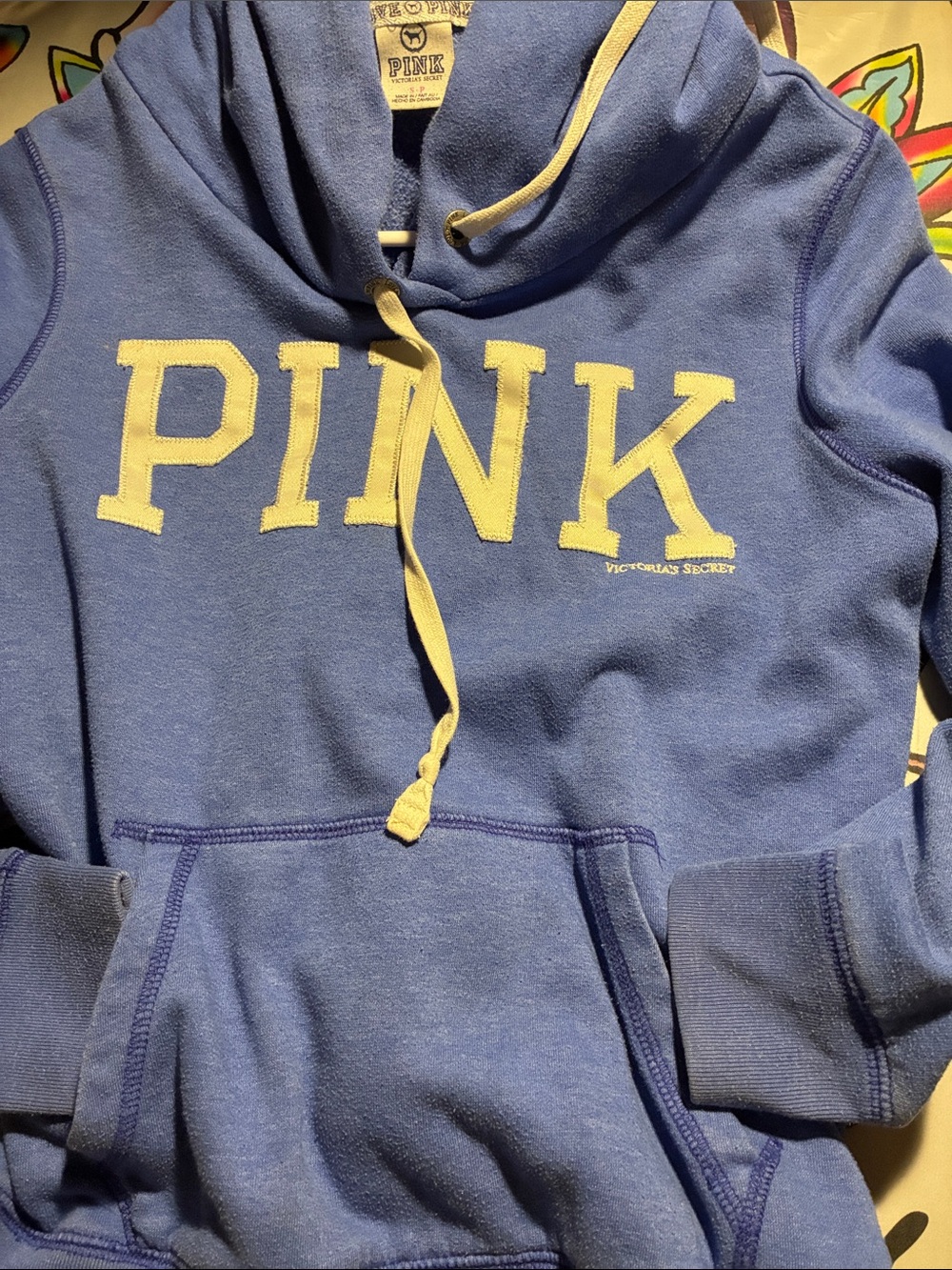 PINK Victoria's Secret Blue Hoodie with Yellow Logo and Drawstrings
